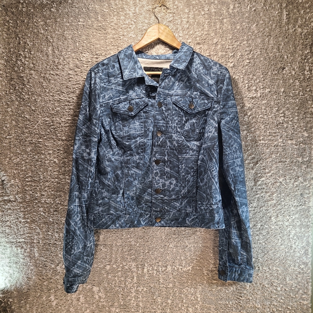 Calvin Klein Jeans Womens Denim Jacket Stretch Blue Southwestern Aztec Size L